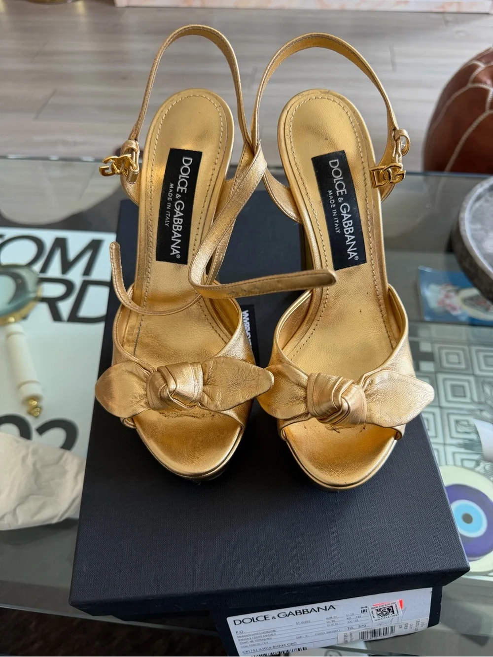 Dolce & Gabbana Bianca Bow Metallic Gold Platform Sandal Size 37